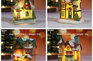 Detail of miniature resin toy shop and ice cream house with festive LED light decorations
