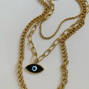 Three-layer gold evil eye pendant necklace with twist chains and blue enamel charm