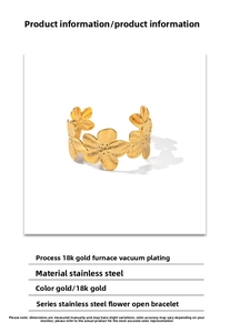 Detail of 18K gold vacuum-plated stainless steel floral open bangle for women