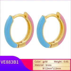 Colorful enamel hoop earrings in blue and pink finish with 12x13mm gold plating