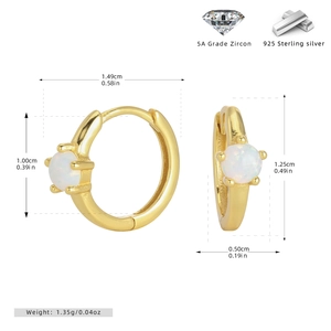 Detailed view of S925 silver gold hoop earrings with white opal stones and dimensions