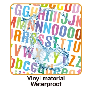 Close-up of waterproof vinyl alphabet stickers showing water splash resistance effect