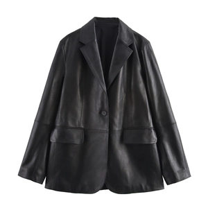 Women Faux Leather Blazer Jacket PU Suit Collar Single Breasted Long Sleeve Casual Streetwear Outerwear Pocket