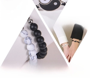 Detail of Yin Yang natural stone bracelets with black matte and white marble beads