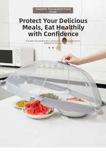 Close-up of a foldable grey mesh food cover showing the umbrella-style frame and fine net