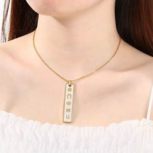 Detailed view of 18K gold plated necklace with lucky symbols worn on neck