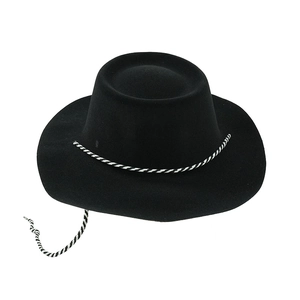 Detail view of a black cowboy hat featuring black and white twisted rope trim details