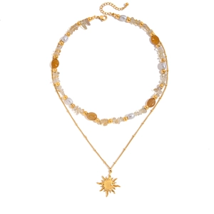 Double-layered 18K gold stainless steel necklace with sun pendant, pearls and natural stones