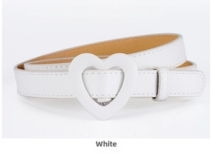 Close-up of white PU leather kids belt featuring a silver heart-shaped pin buckle and stitching
