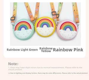 Flat lay of rainbow cloud silicone mini purses for kids with colorful printed lanyards