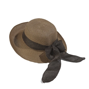 Foldable khaki straw sun hat for women with large brim and decorative brown ribbon bow