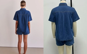 Back view of a two-piece washed denim set with short-sleeved shirt and matching shorts
