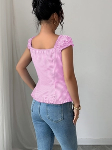 Elegant women's pink striped blouse featuring square neck, puff sleeves and peplum hem back view