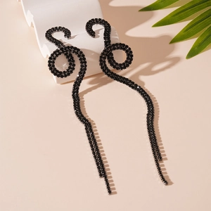 Exaggerated twisted snake earrings with black rhinestones and elegant long tassels