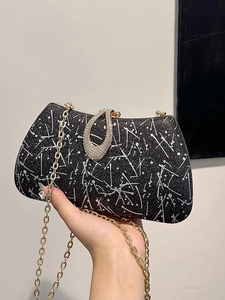 Elegant black evening clutch bag with silver glitter and rhinestone buckle with chain strap