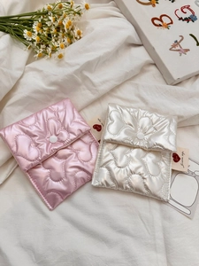Pink and white heart quilted sanitary pad storage bag with button closure for students