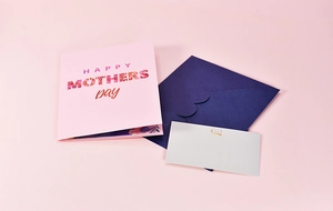Detailed view of 3D Mother's Day card set with pink floral design and navy envelope