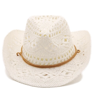 Cappello da cowboy in paglia bianca intrecciata a mano con motivo crochet e cordino marrone