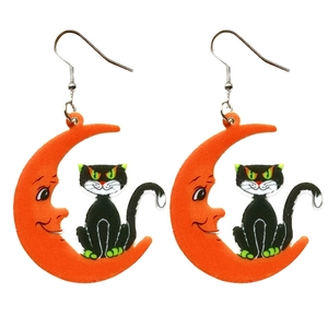 Halloween acrylic hook earrings featuring an orange crescent moon and a black cat charm