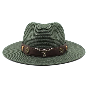 Vintage Western Cowboy Straw Hat Wide Brim Sun Protection Jazz Fedora With Metal Bull Head PU Leather Band Outdoor Beach