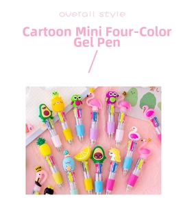Detail showing various 4-color mini cartoon ballpoint pens with 3D silicone animal toppers