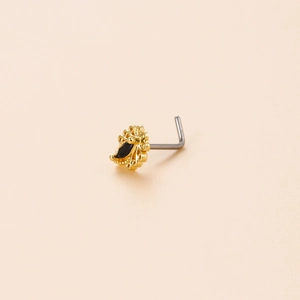 Golden peacock nose stud with black zircon and L-shaped stainless steel post