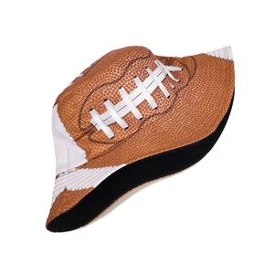 Detail of creative American football bucket hat with brown leather texture and white laces