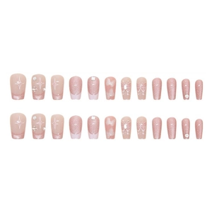 24pcs French cat-eye press-on nails in light pink with glitter stars and butterfly art