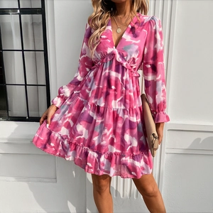 Women V Neck Long Sleeve Ruffle Dress Elegant Floral Print Tiered Backless Mini Dresses