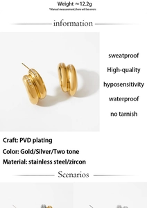 Detail of PVD gold plated stainless steel double hoop earrings with cubic zirconia stones