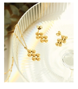 Detailed close-up of a gold-plated necklace and earring set with stacked geometric spheres