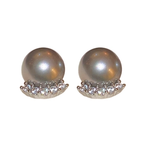 Elegant silver-plated stud earrings featuring grey pearls and sparkling crystals on white base