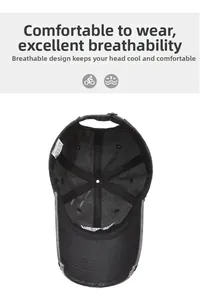 Internal structure of black cotton baseball cap showing lining, stitching and metal buckle