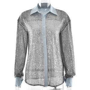 Women's retro loose long sleeve shirt with silver sequins and blue striped collar