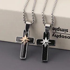 Cross Pendant Necklace Stainless Steel Carbon Fiber Inlay Octagram Star Minimalist INS Style For Men Women Box Chain