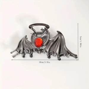 Gothic bat wing hair claw clip with red gemstone in gun black metal, 10cm width size