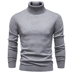 Men's slim fit turtleneck knit sweater in grey with ribbed cuffs and hem detail