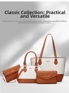 Detailed four-piece set of cream and brown faux leather tote, crossbody, and clutch bags