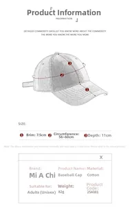 Size chart for adjustable cotton baseball cap with dimensions and brim measurement info