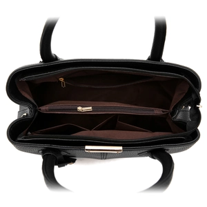 Internal view of black tote bag showing multi-layer zipper pockets and spacious compartments