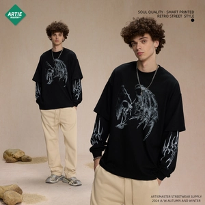 Herren Fake Layered Langarm T-Shirt Reiner Baumwolle Gothic Flügel Print American Retro Streetwear Loose Fit Rundhals