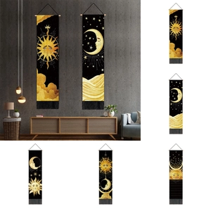 Celestial Sun And Moon Wall Tapestry Polyester Cotton Hanging Painting With Wood Rod And Tassels Boho Home Decor