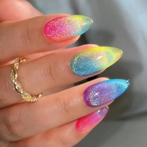 Cat Eye Press On Nails Gradient Smudge Glitter Almond Shape Dreamy Colorful ABS Artificial Fake Nails For Women Elegant