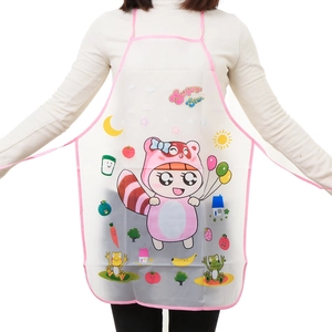 Waterproof transparent apron with pink trim and cartoon Super Star print for kitchen use