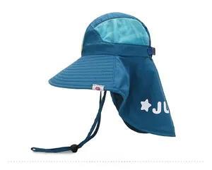 Detail of dark blue sun hat with wide brim, neck flap and breathable mesh side panels