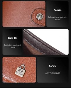 Detail view of brown PU leather wallet featuring RFID protection and alloy plating hardware