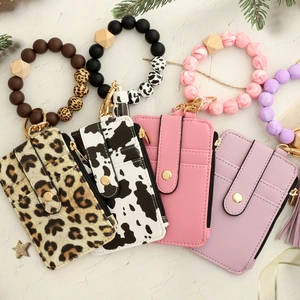 Silicone bead wristlet keychain with leather card wallet in leopard and cow patterns