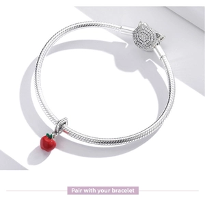 Macro detail of S925 silver snake chain bracelet featuring a red enamel apple charm