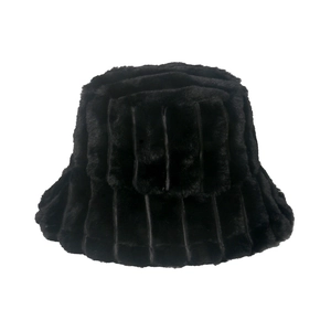 Detail of black faux fur bucket hat featuring soft plush texture and vertical stripes