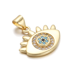 Gold plated evil eye pendant with blue zircon stones and lash details for DIY jewelry